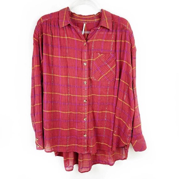 Free People Break Red / Orange Plaid My Stride Button Up /Down Long Sleeve Top S - Picture 8 of 11